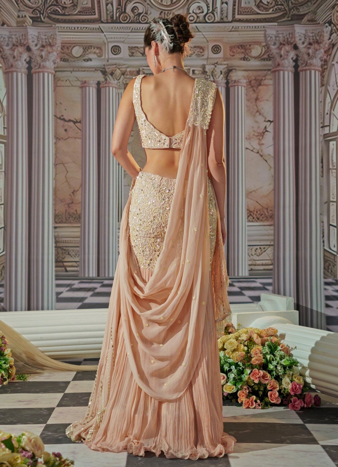 Baby Pink Embroidered Georgette Mermaid Lehenga (3-Piece) - Image 3