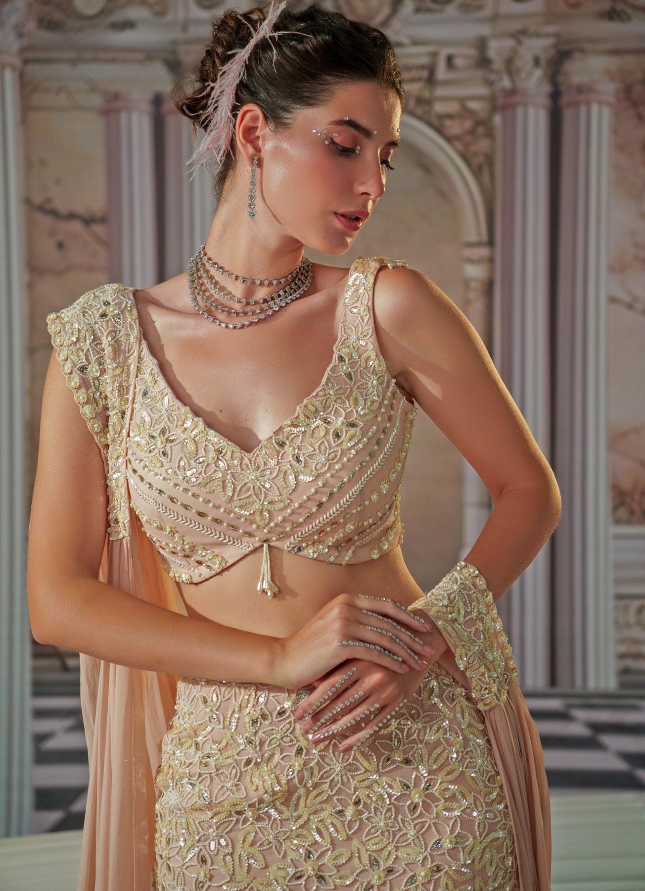 Baby Pink Embroidered Georgette Mermaid Lehenga (3-Piece) - Image 4