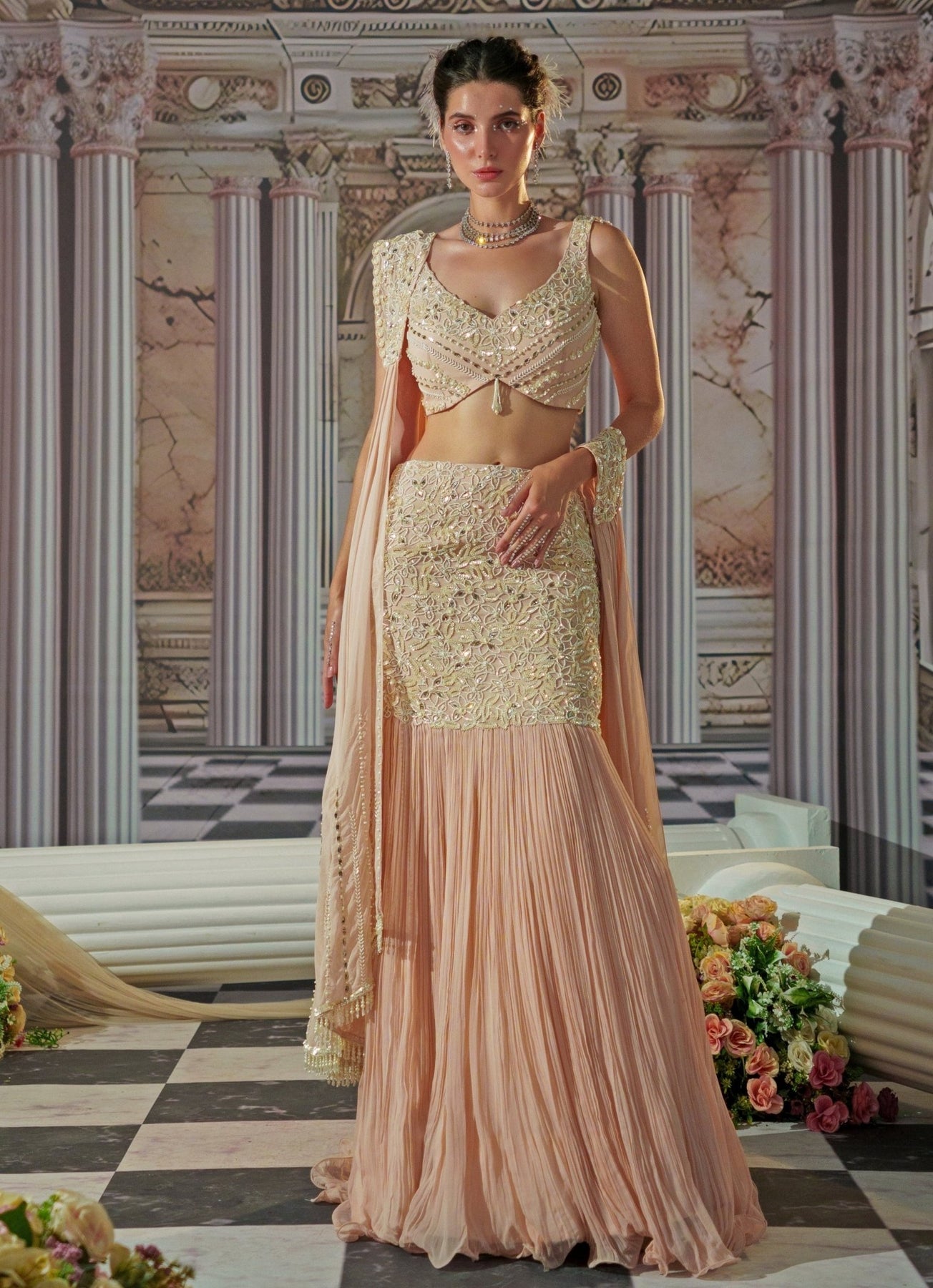 Baby Pink Embroidered Georgette Mermaid Lehenga (3-Piece) - Image 5