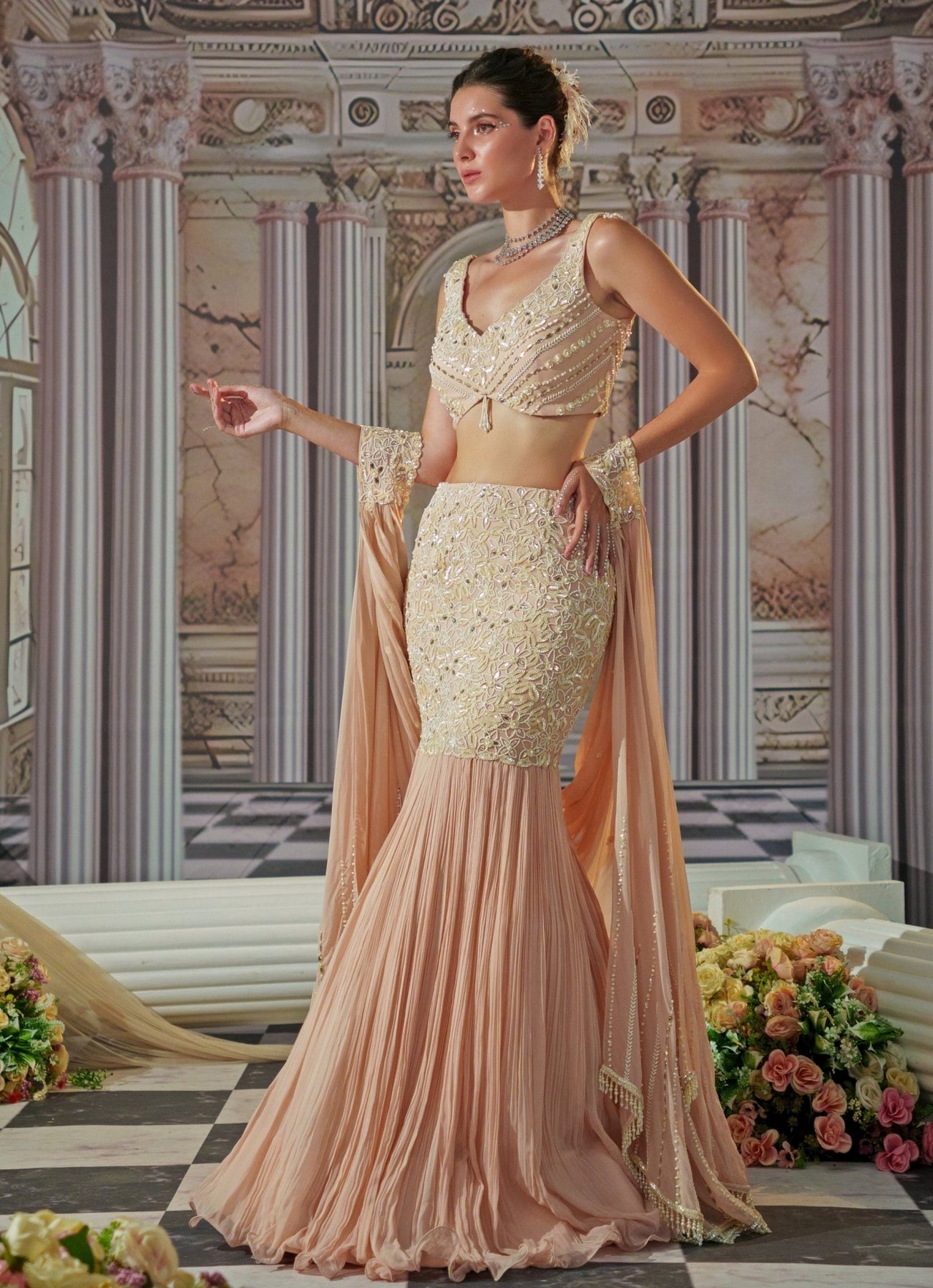 Baby Pink Embroidered Georgette Mermaid Lehenga (3-Piece) - Image 6