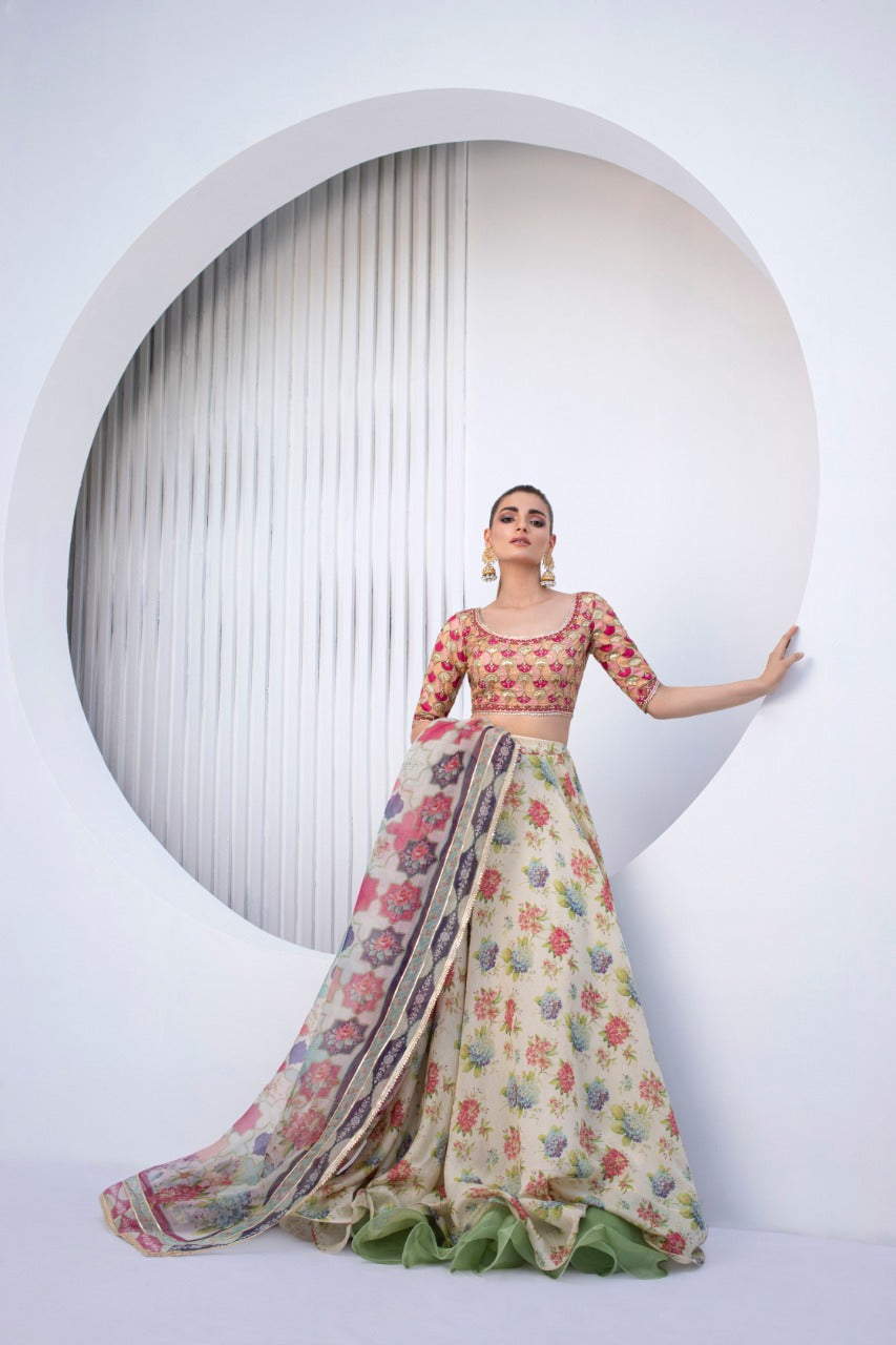 Peach Zardozi Jamawar Choli with Khaddi Silk Lehenga (3-Piece) - Image 1