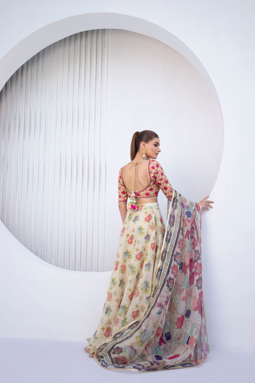 Peach Zardozi Jamawar Choli with Khaddi Silk Lehenga (3-Piece) - Image 2