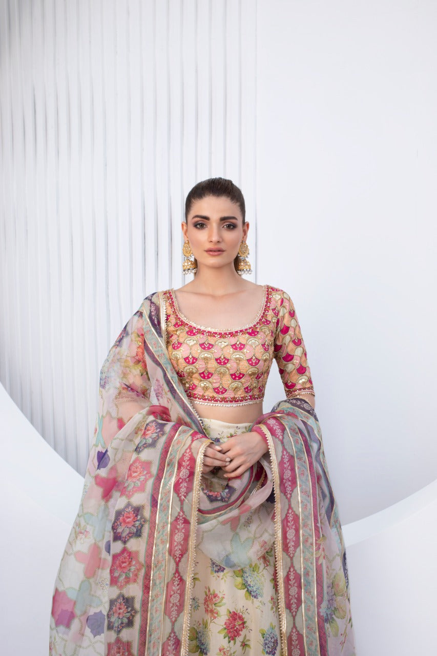 Peach Zardozi Jamawar Choli with Khaddi Silk Lehenga (3-Piece) - Image 4
