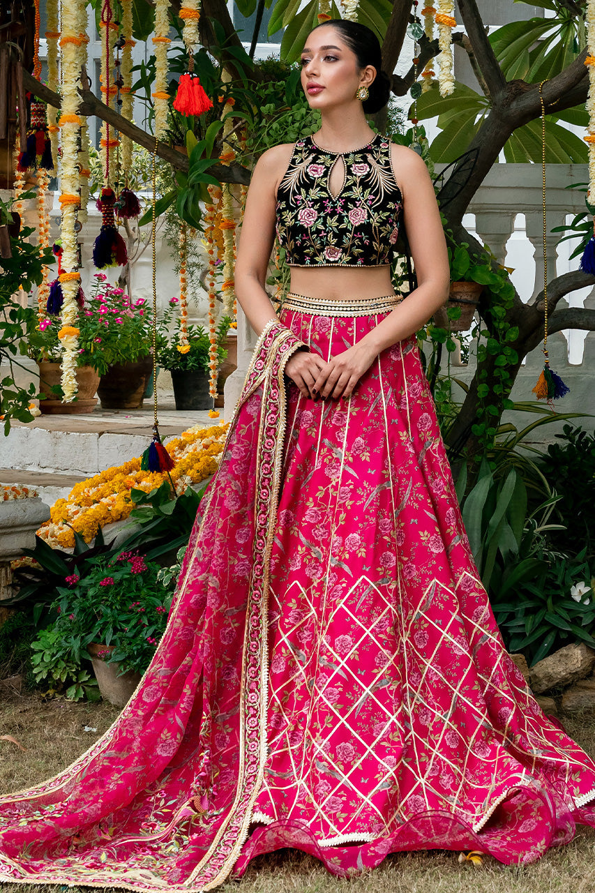 Pakistani Hot Pink Embroidered Khaddi Silk Lehenga (3-Piece) - Image 1