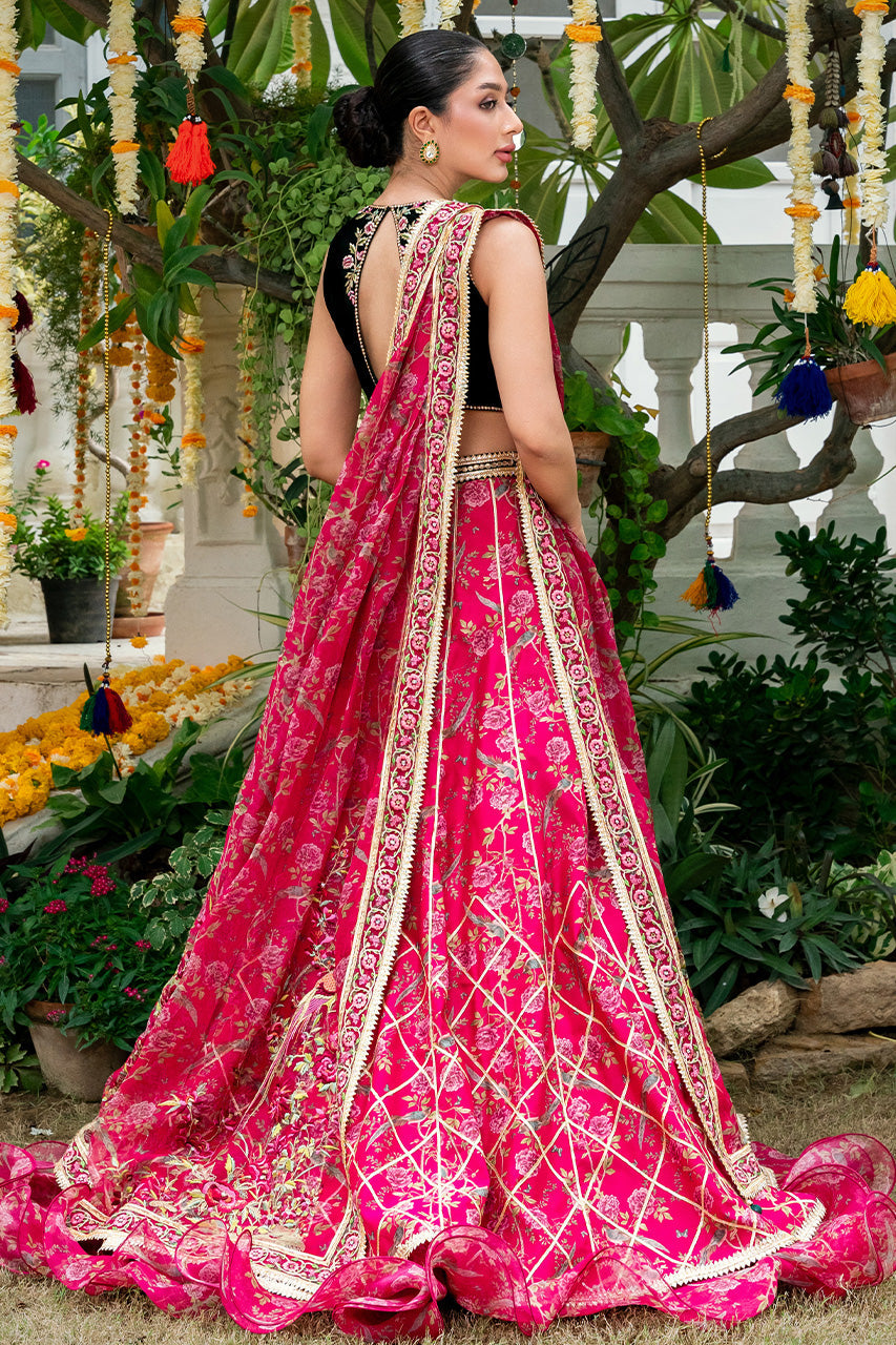 Pakistani Hot Pink Embroidered Khaddi Silk Lehenga (3-Piece) - Image 2