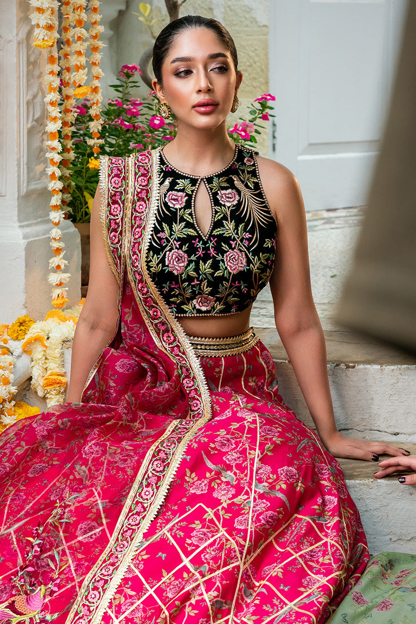 Pakistani Hot Pink Embroidered Khaddi Silk Lehenga (3-Piece) - Image 3