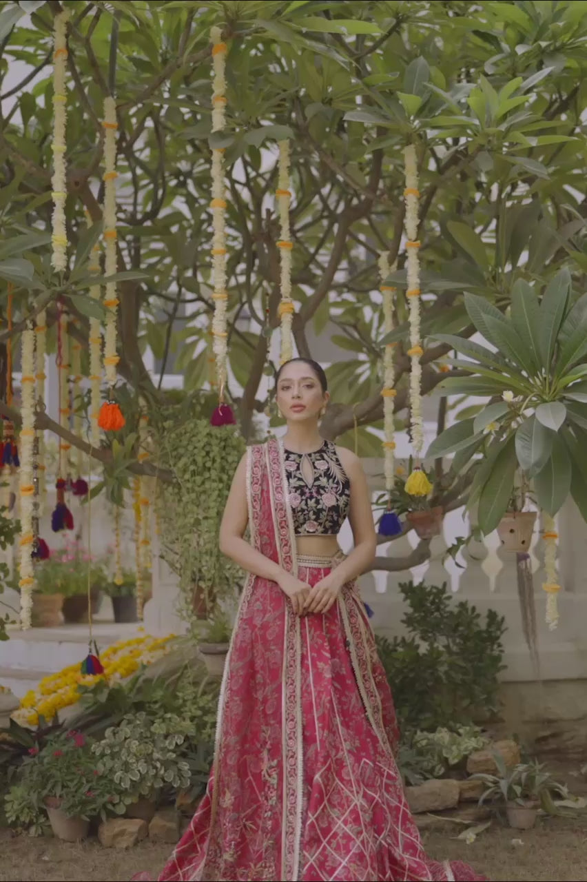 Pakistani Hot Pink Embroidered Khaddi Silk Lehenga (3-Piece) - Image 5