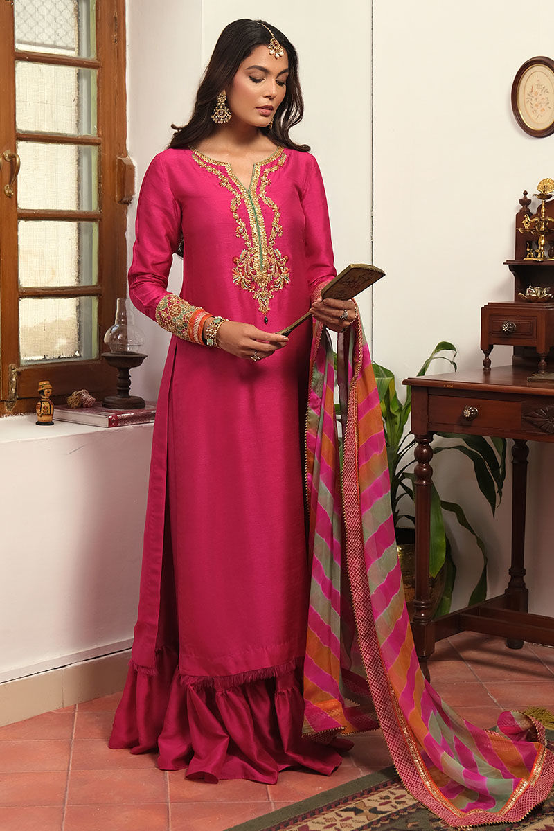 Cabaret Pink Embellished Korean Raw Silk Lehenga (3-Piece) - Image 1