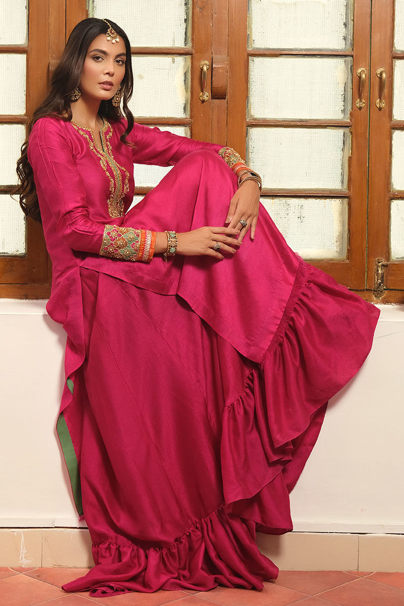 Cabaret Pink Embellished Korean Raw Silk Lehenga (3-Piece) - Image 2