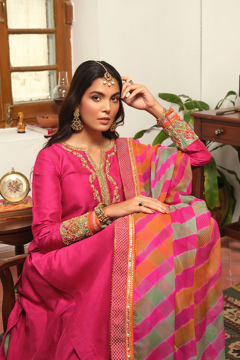 Cabaret Pink Embellished Korean Raw Silk Lehenga (3-Piece) - Image 3