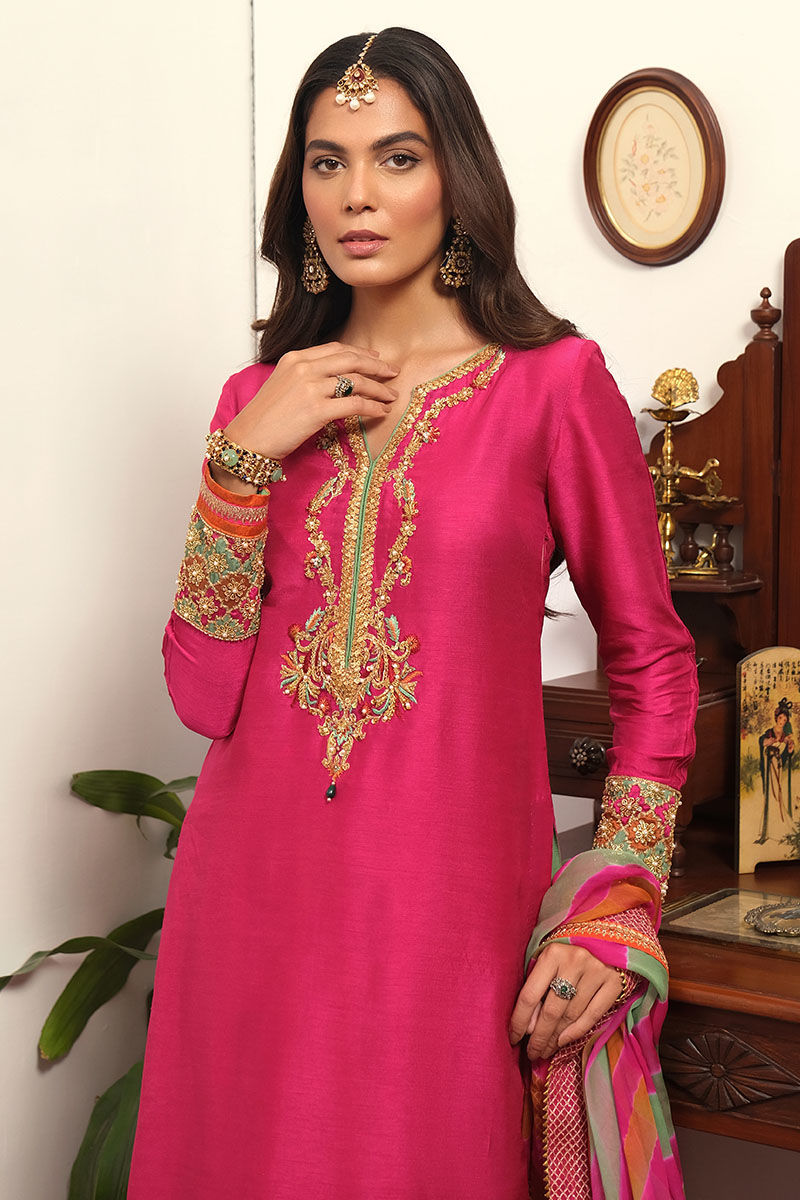 Cabaret Pink Embellished Korean Raw Silk Lehenga (3-Piece) - Image 5