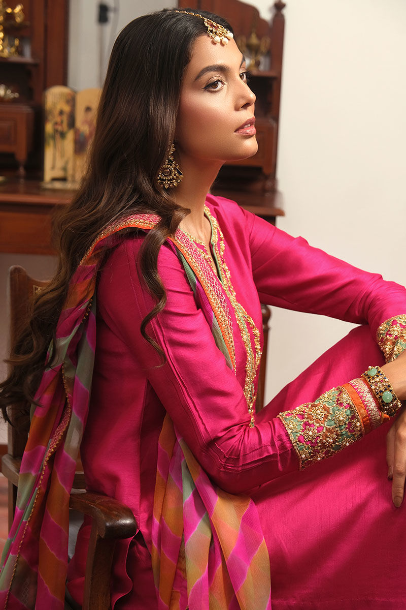 Cabaret Pink Embellished Korean Raw Silk Lehenga (3-Piece) - Image 6