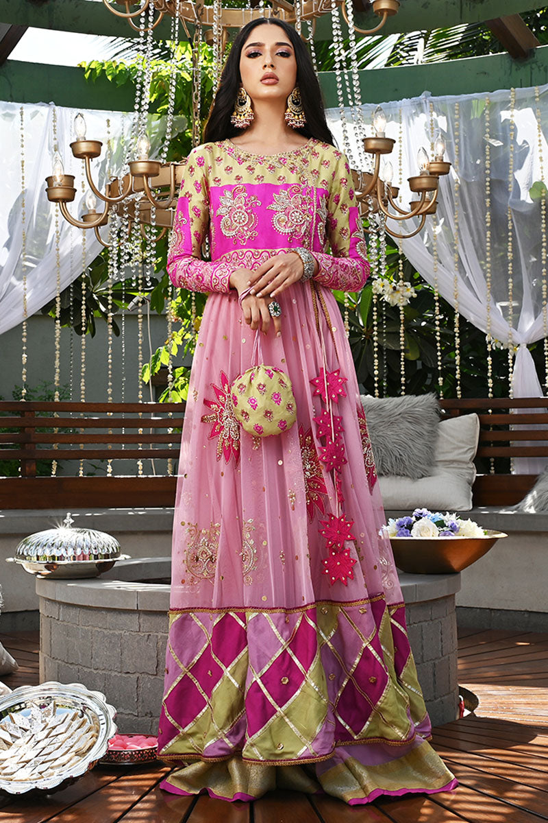 Pink and Lime Embroidered Organza Lehenga (3-Piece) - Image 1
