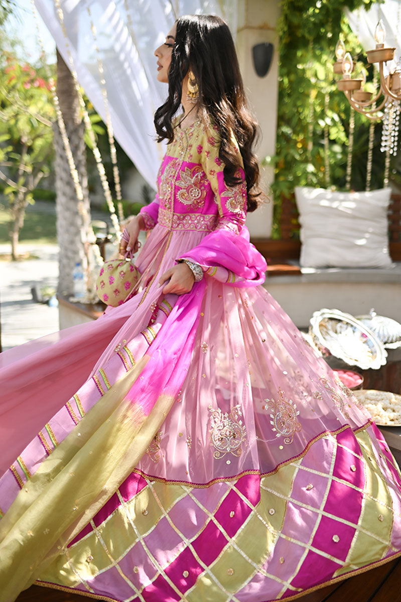 Pink and Lime Embroidered Organza Lehenga (3-Piece) - Image 3