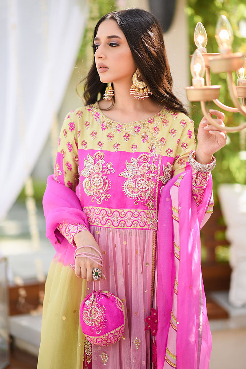 Pink and Lime Embroidered Organza Lehenga (3-Piece) - Image 5