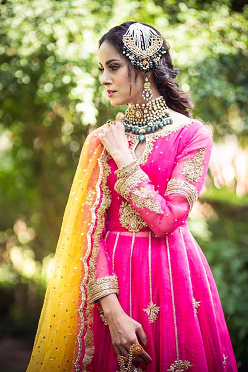 Pakistani Hot Pink Embroidered Organza Peshwas Dress (3-Piece) - Image 1