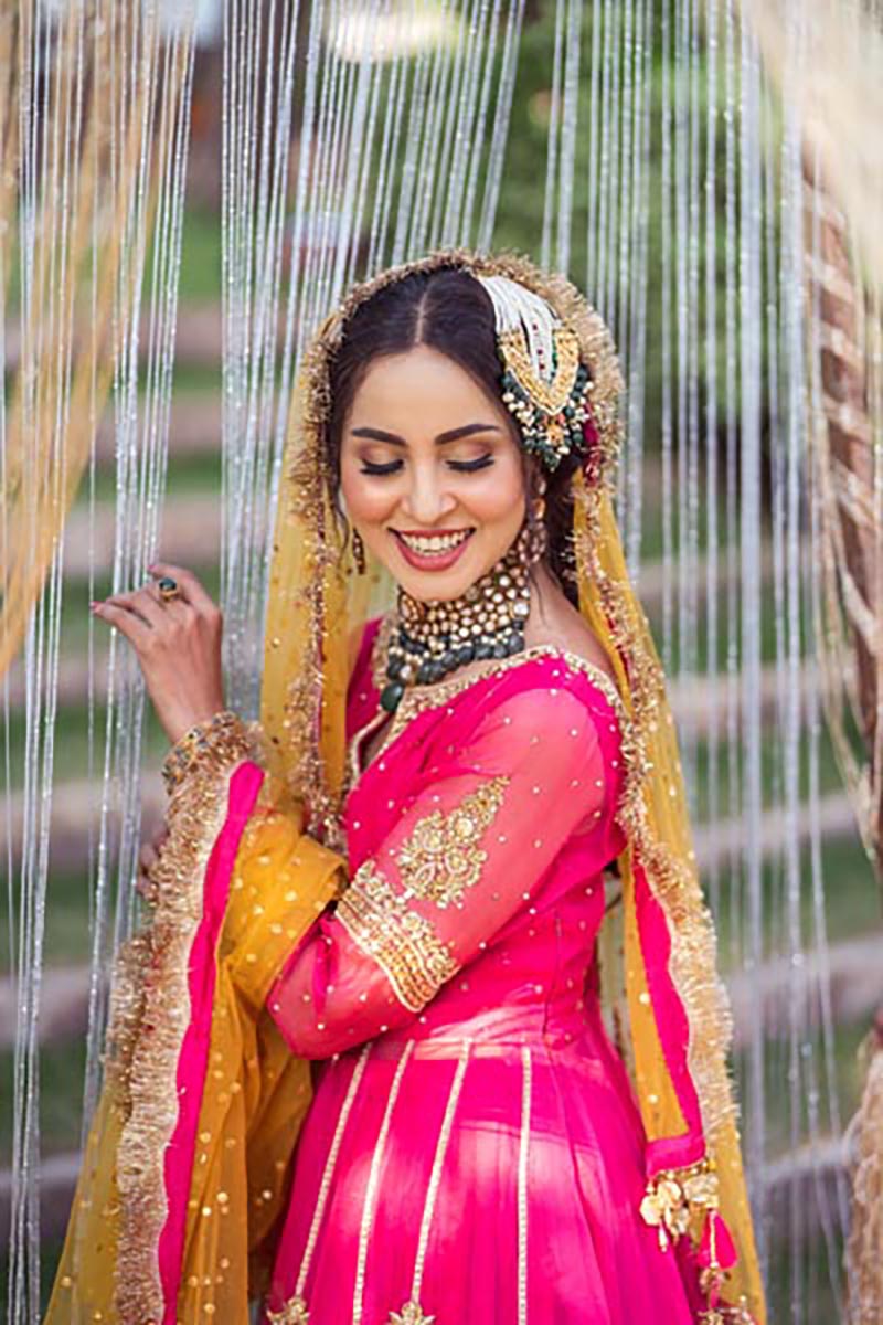 Pakistani Hot Pink Embroidered Organza Peshwas Dress (3-Piece) - Image 5