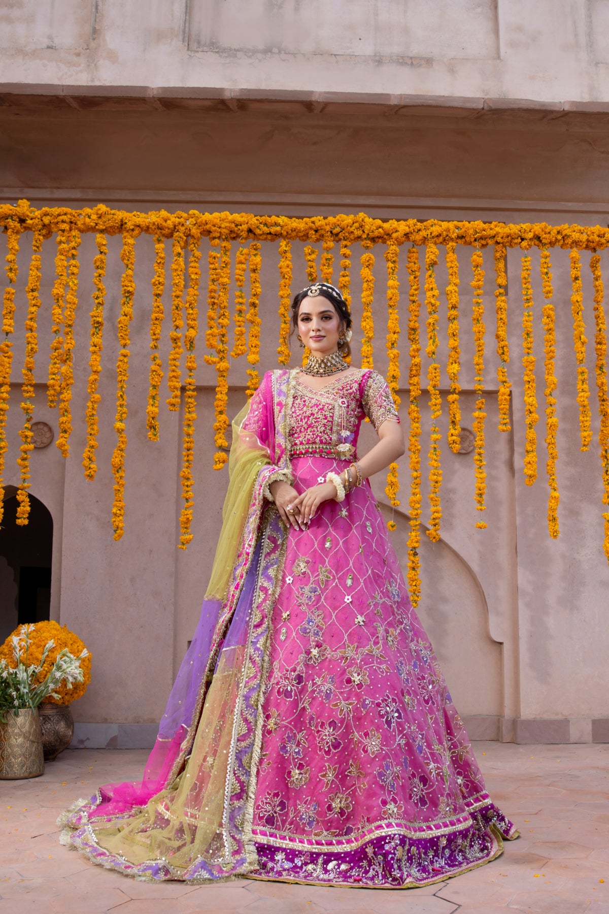 Pakistani Pink Hand-Embroidered Tissue & Organza Lehenga Choli (3-Piece) - Image 1