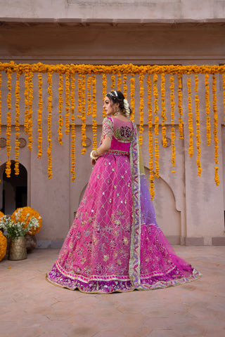 Pakistani Pink Hand-Embroidered Tissue & Organza Lehenga Choli (3-Piece) - Image 3