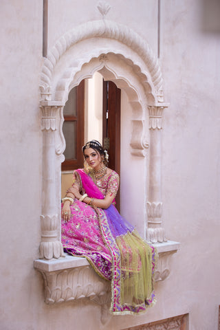 Pakistani Pink Hand-Embroidered Tissue & Organza Lehenga Choli (3-Piece) - Image 4