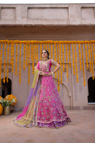 Pakistani Pink Hand-Embroidered Tissue & Organza Lehenga Choli (3-Piece) - Image 6