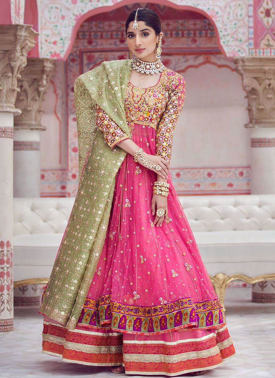 Pink Kundan Sitara Organza Kalidaar Lehenga (3-Piece) - Image 3