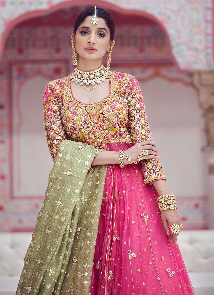Pink Kundan Sitara Organza Kalidaar Lehenga (3-Piece) - Image 5