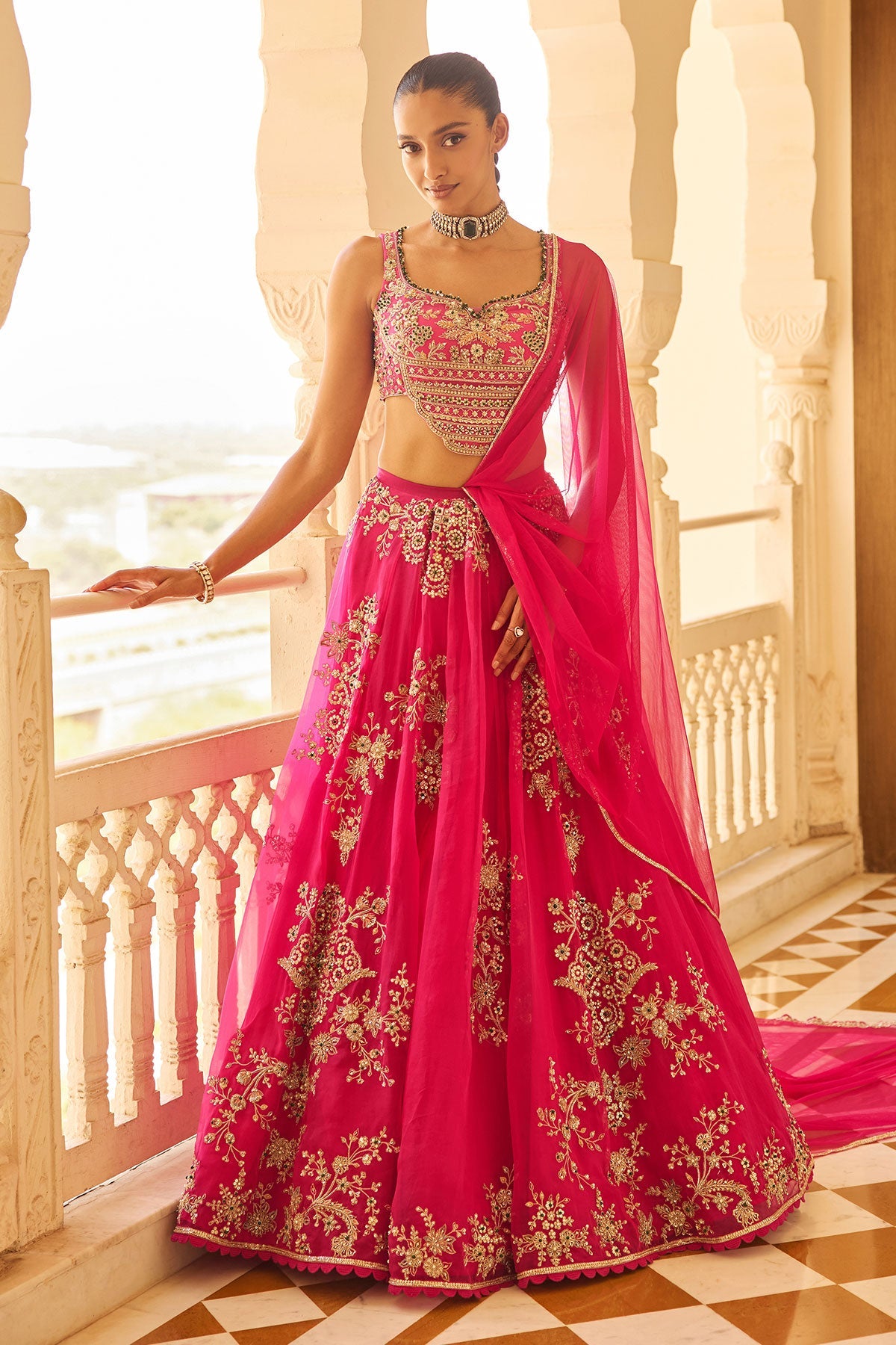 Indian Fuchsia Embroidered Net & Organza Lehenga (3-Piece) - Image 1