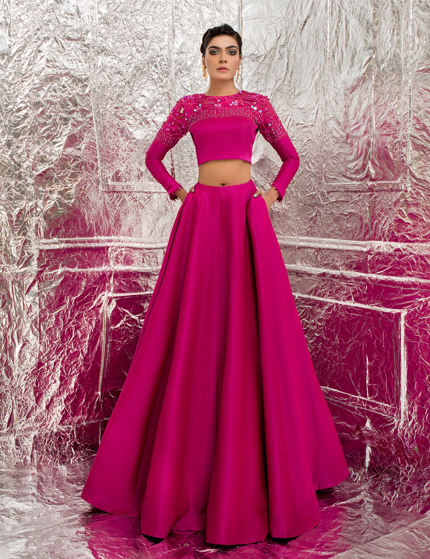 Pakistani Shocking Pink Embellished Raw Silk Lehenga (3-Piece) - Image 1