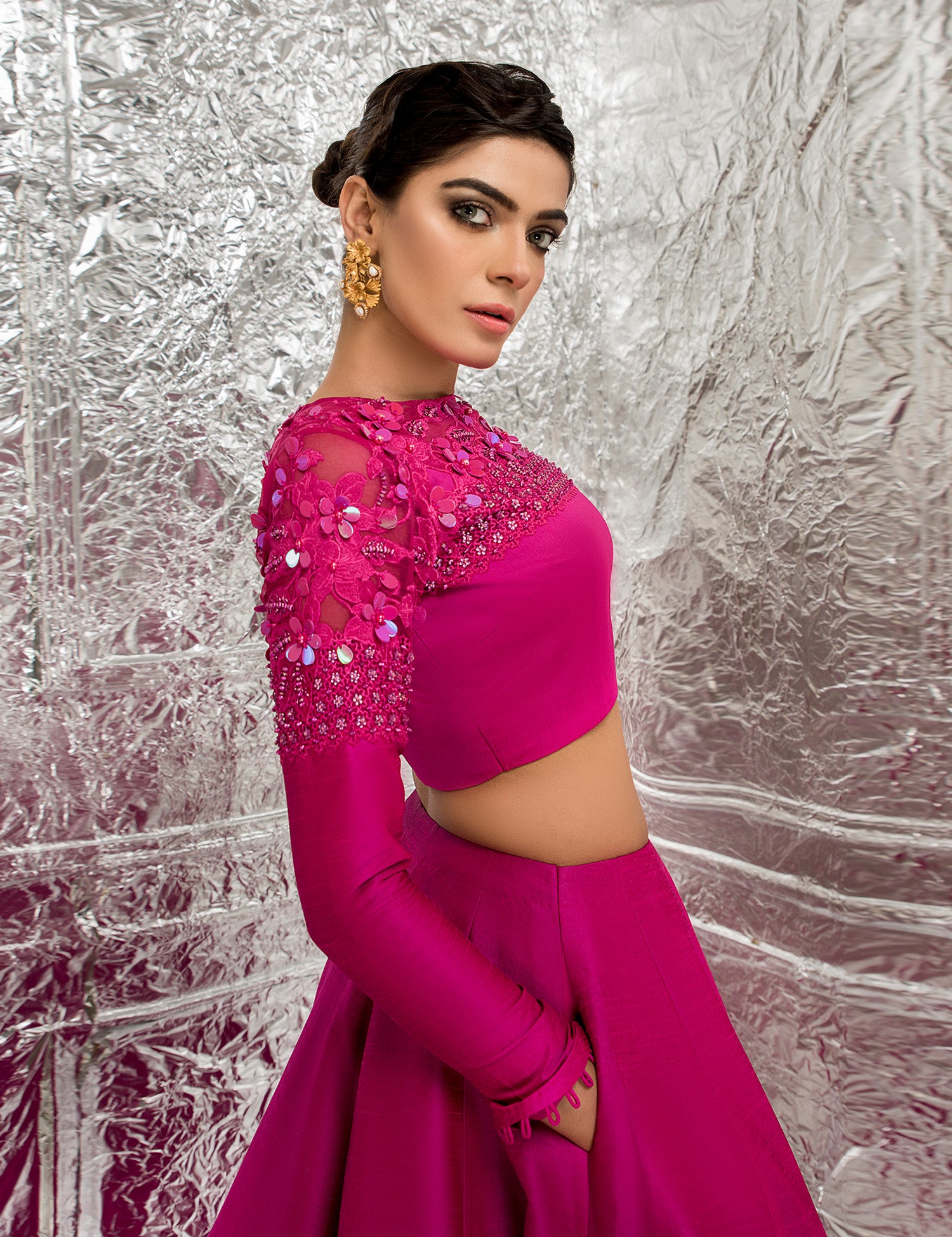 Pakistani Shocking Pink Embellished Raw Silk Lehenga (3-Piece) - Image 2