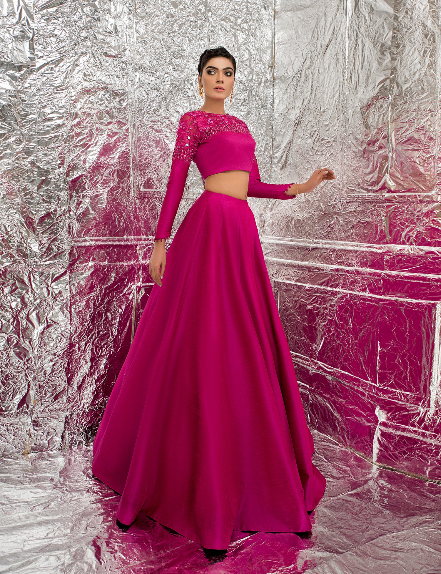 Pakistani Shocking Pink Embellished Raw Silk Lehenga (3-Piece) - Image 3