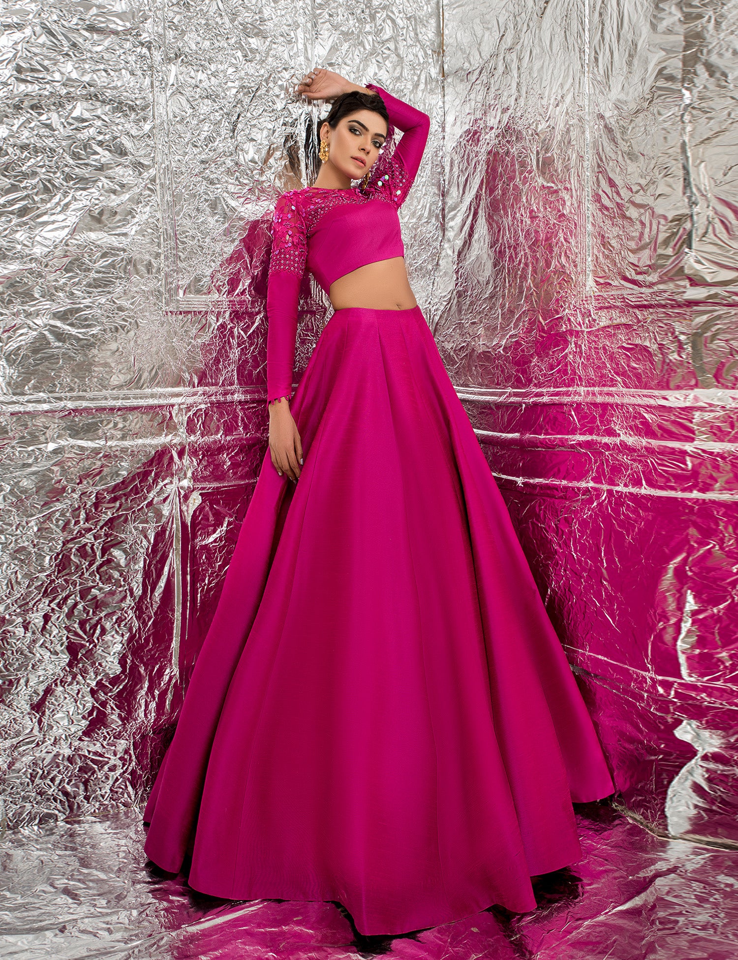 Pakistani Shocking Pink Embellished Raw Silk Lehenga (3-Piece) - Image 4