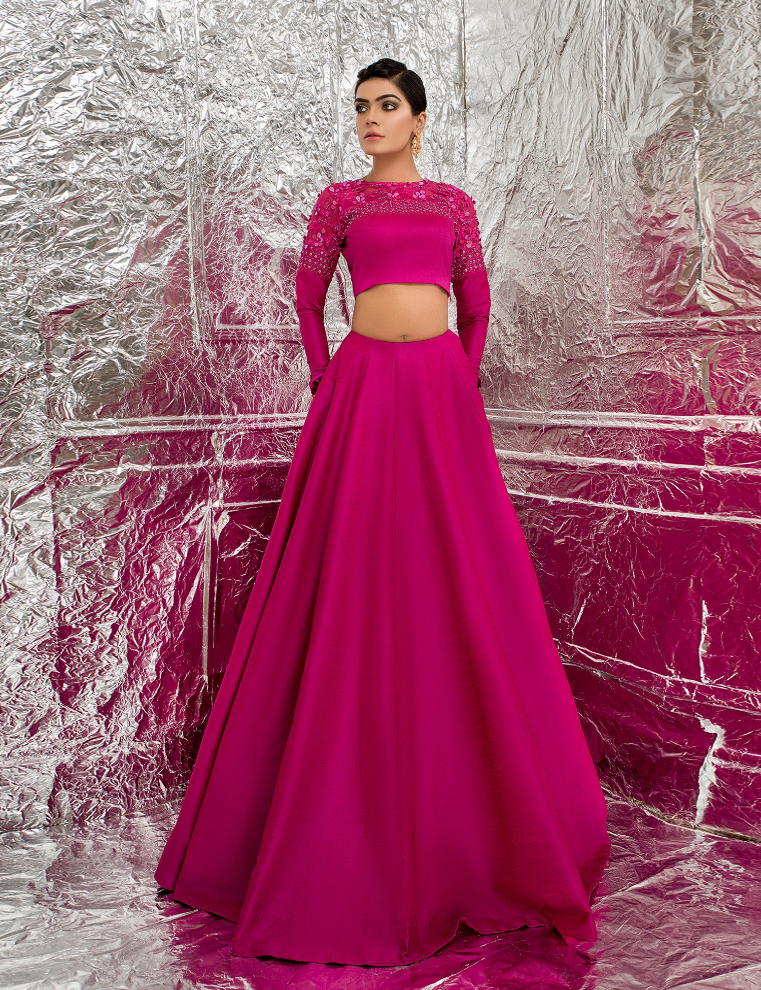 Pakistani Shocking Pink Embellished Raw Silk Lehenga (3-Piece) - Image 5