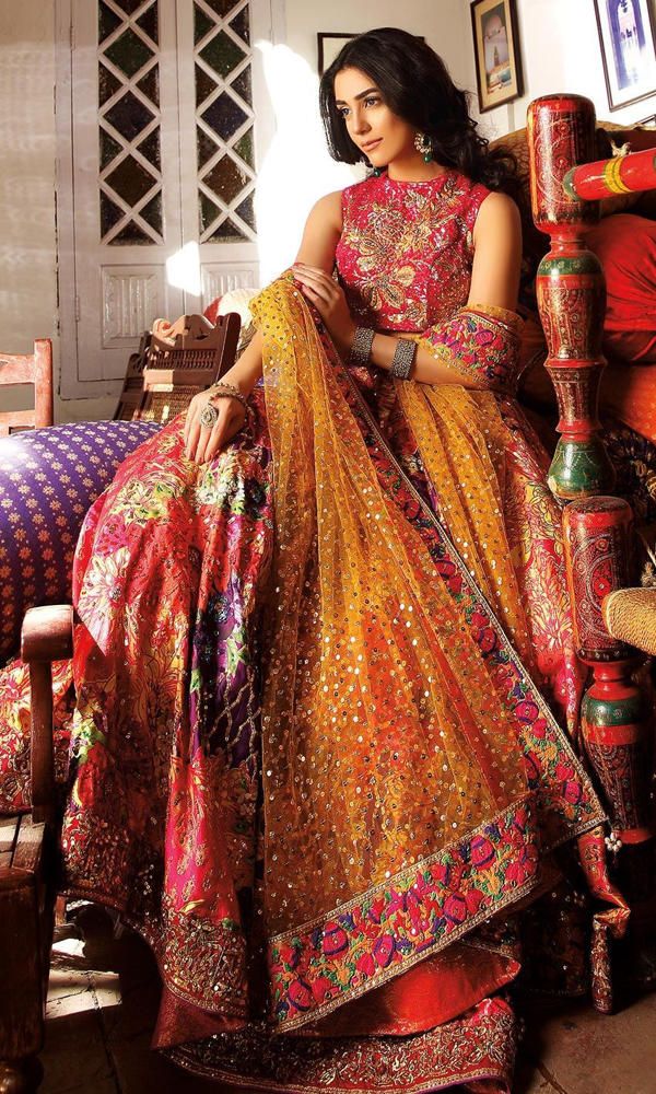 Coral Floral Embroidered Raw Silk Lehenga (3-Piece) - Image 3