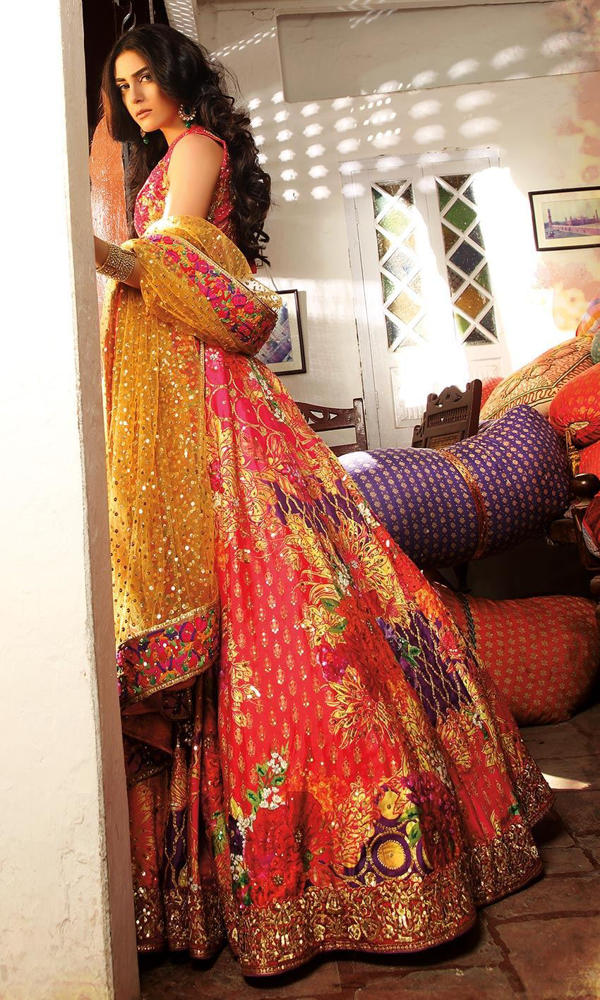 Coral Floral Embroidered Raw Silk Lehenga (3-Piece) - Image 4