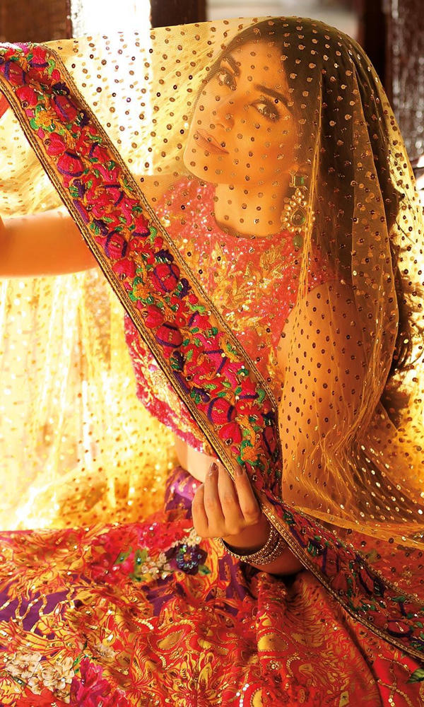 Coral Floral Embroidered Raw Silk Lehenga (3-Piece) - Image 5