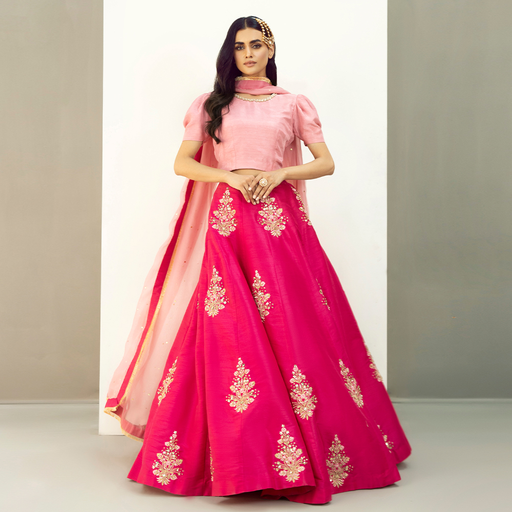 Pakistani Hot Pink Embellished Raw Silk Kalidaar Lehenga (3-Piece) - Image 1