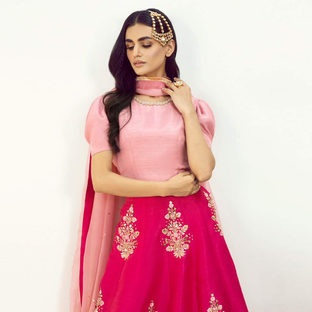 Pakistani Hot Pink Embellished Raw Silk Kalidaar Lehenga (3-Piece) - Image 3