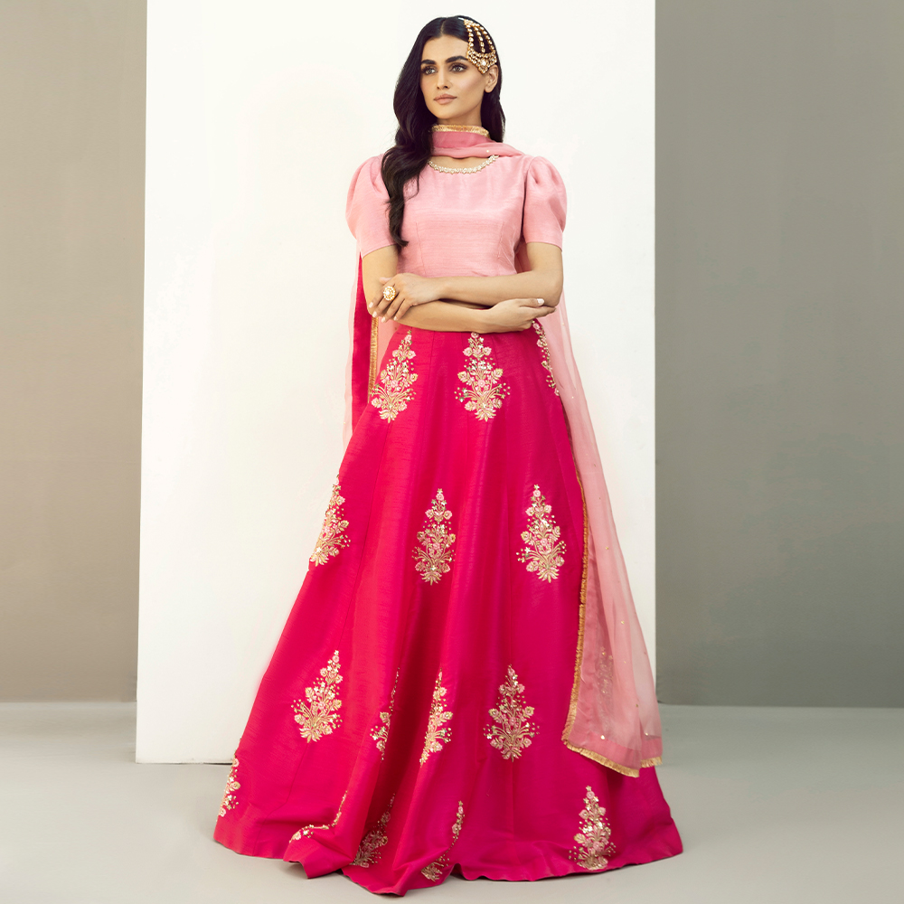 Pakistani Hot Pink Embellished Raw Silk Kalidaar Lehenga (3-Piece) - Image 4