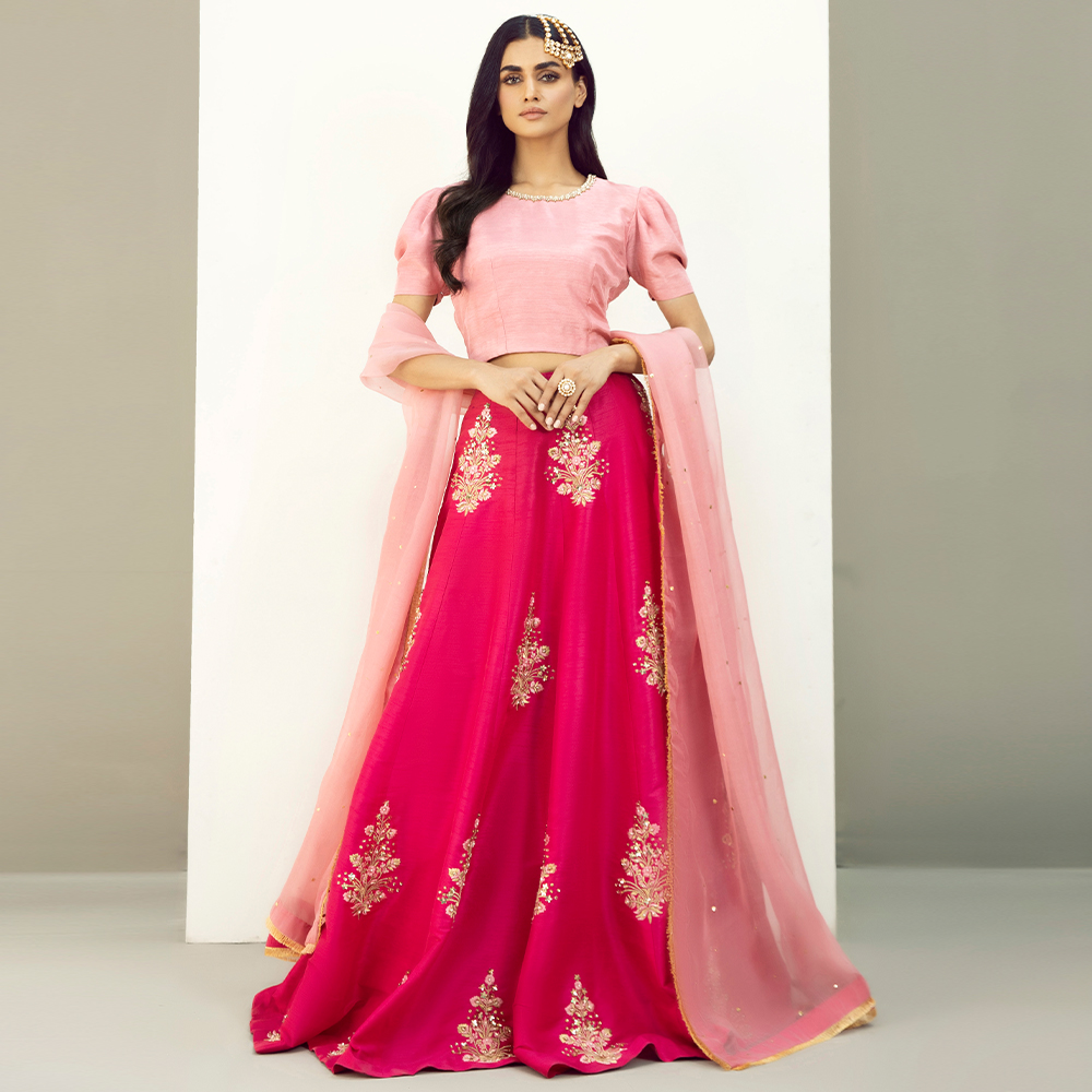 Pakistani Hot Pink Embellished Raw Silk Kalidaar Lehenga (3-Piece) - Image 6