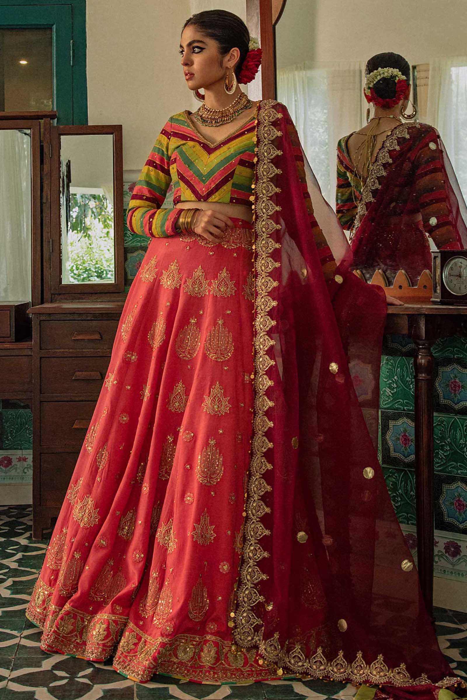 Pakistani Candy Pink Embroidered Raw Silk Lehenga (3-Piece) - Image 1