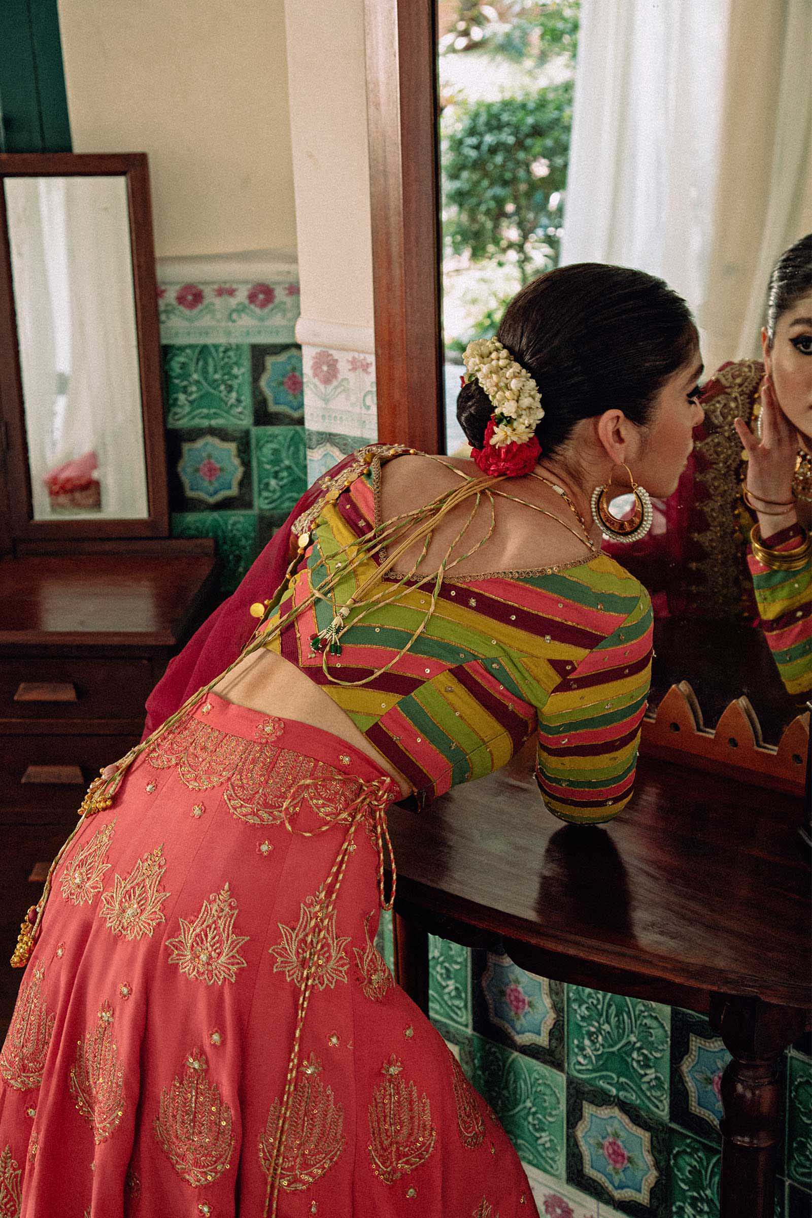 Pakistani Candy Pink Embroidered Raw Silk Lehenga (3-Piece) - Image 3