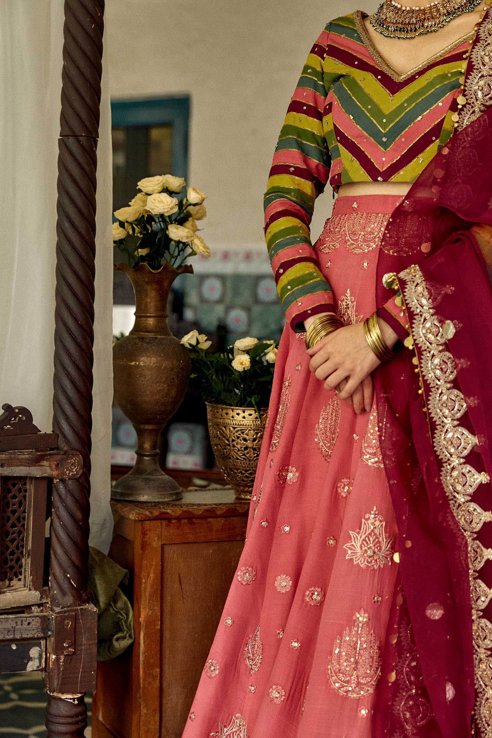 Pakistani Candy Pink Embroidered Raw Silk Lehenga (3-Piece) - Image 4