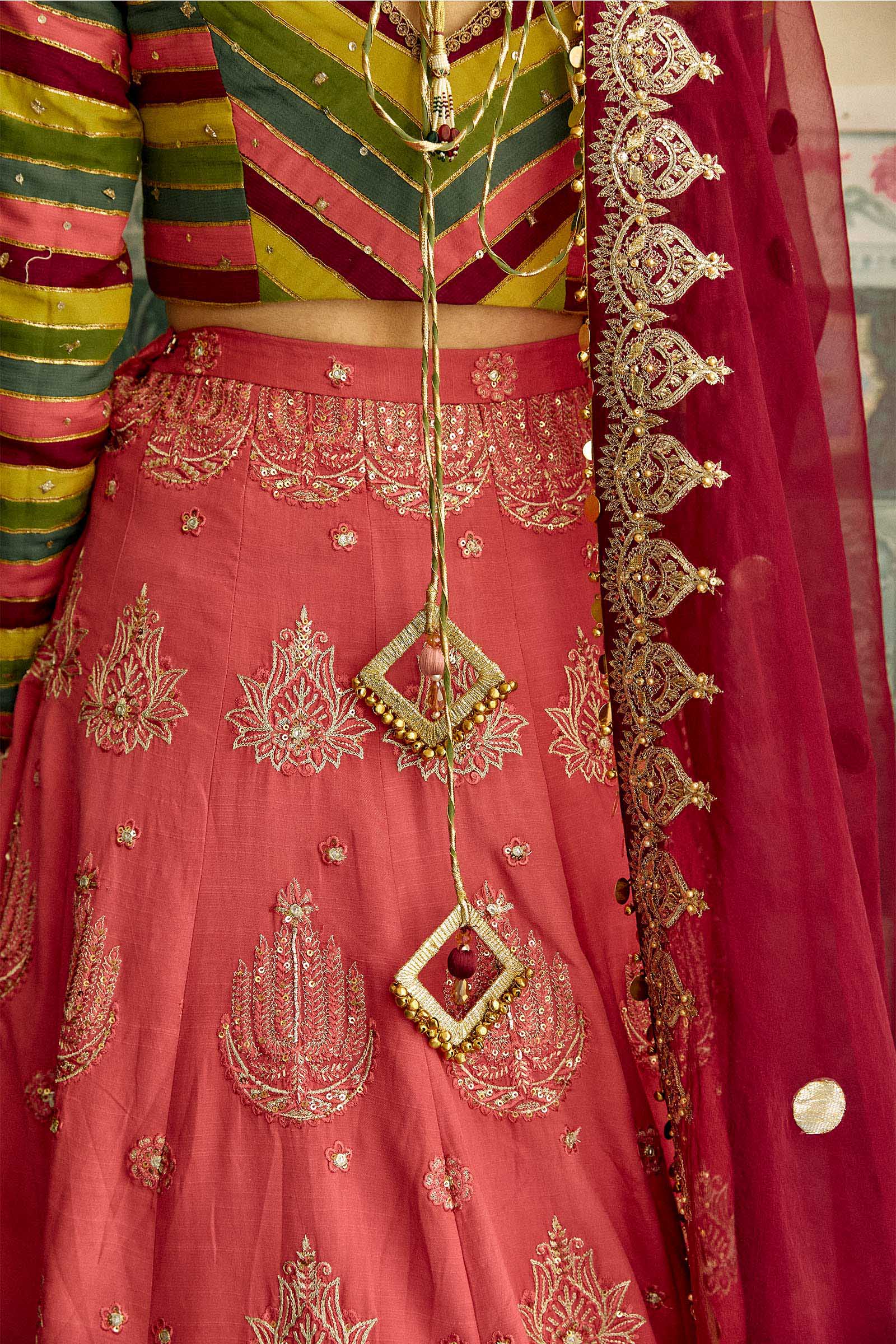 Pakistani Candy Pink Embroidered Raw Silk Lehenga (3-Piece) - Image 5