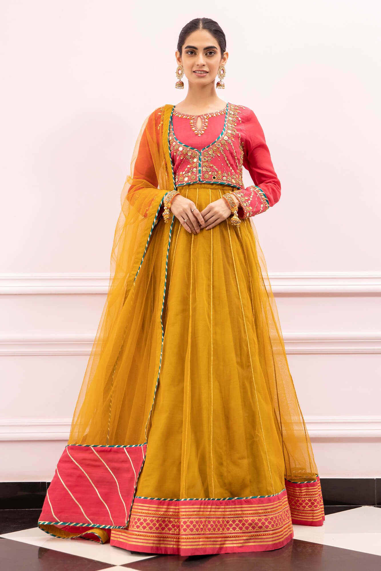 Pink Ochre Gota Mirror Raw Silk & Net Lehenga Choli (3-Piece) - Image 2
