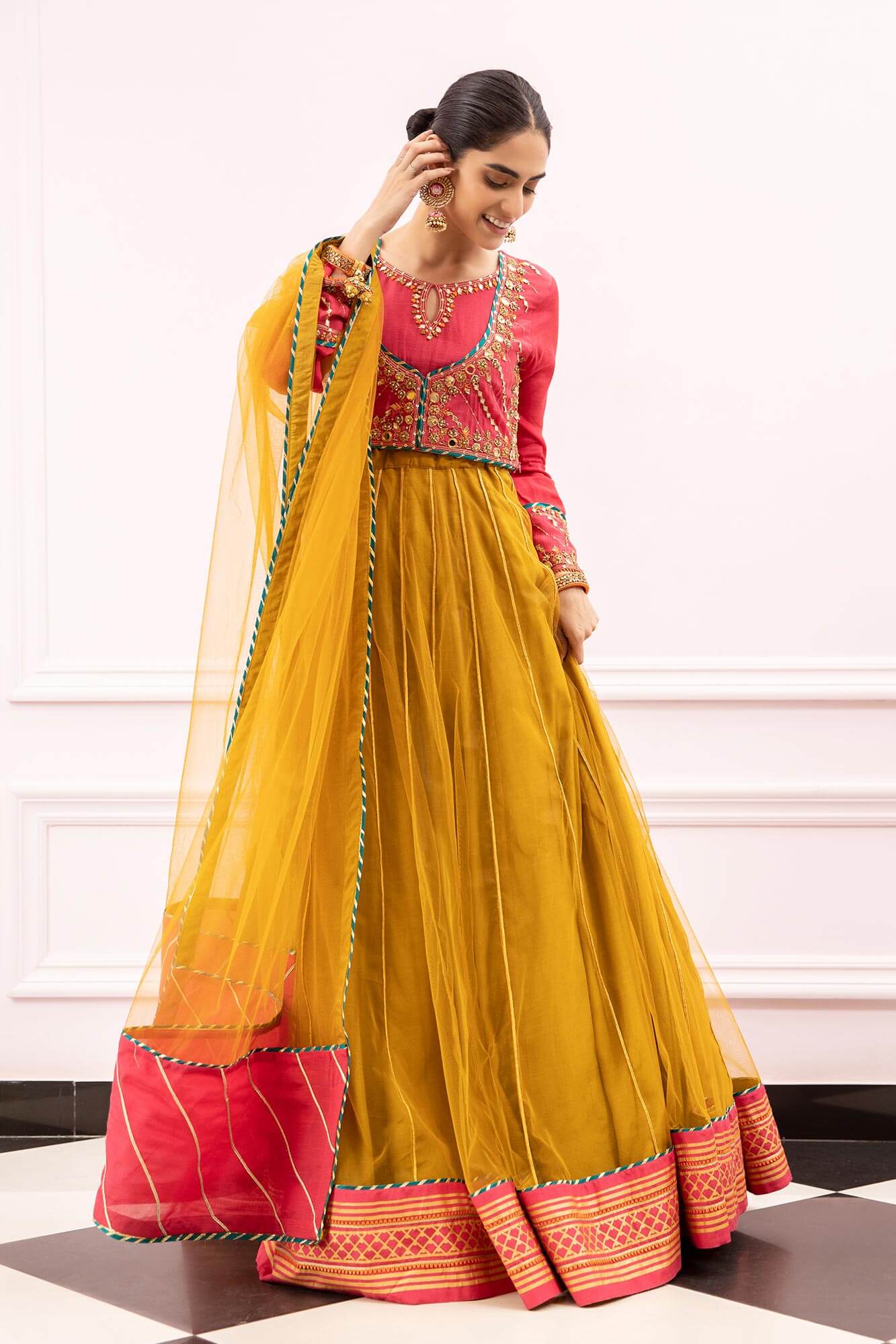 Pink Ochre Gota Mirror Raw Silk & Net Lehenga Choli (3-Piece) - Image 3