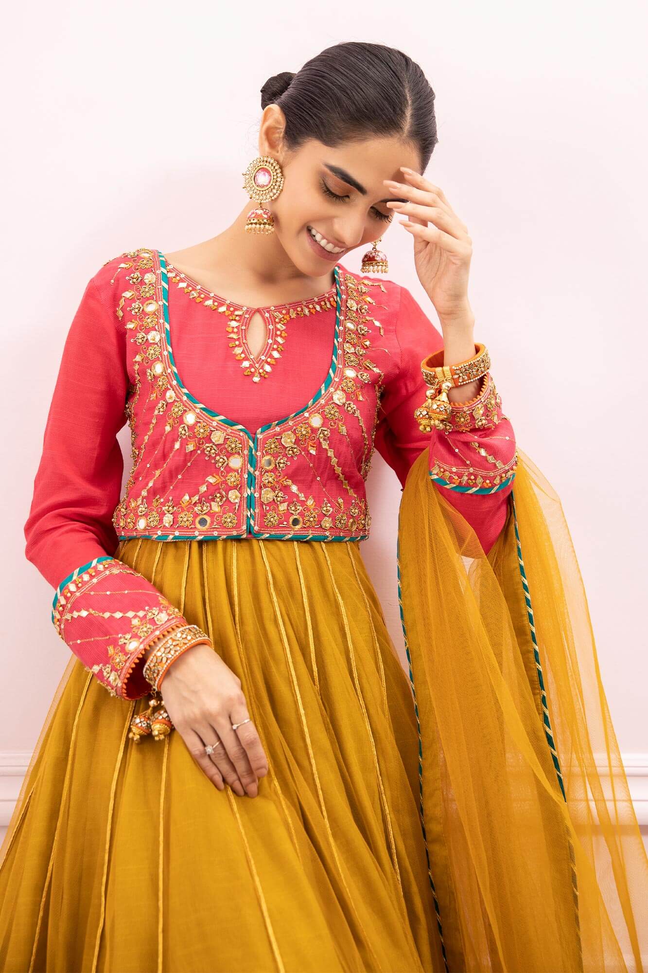 Pink Ochre Gota Mirror Raw Silk Net Lehenga Choli (3-Piece) - Image 1