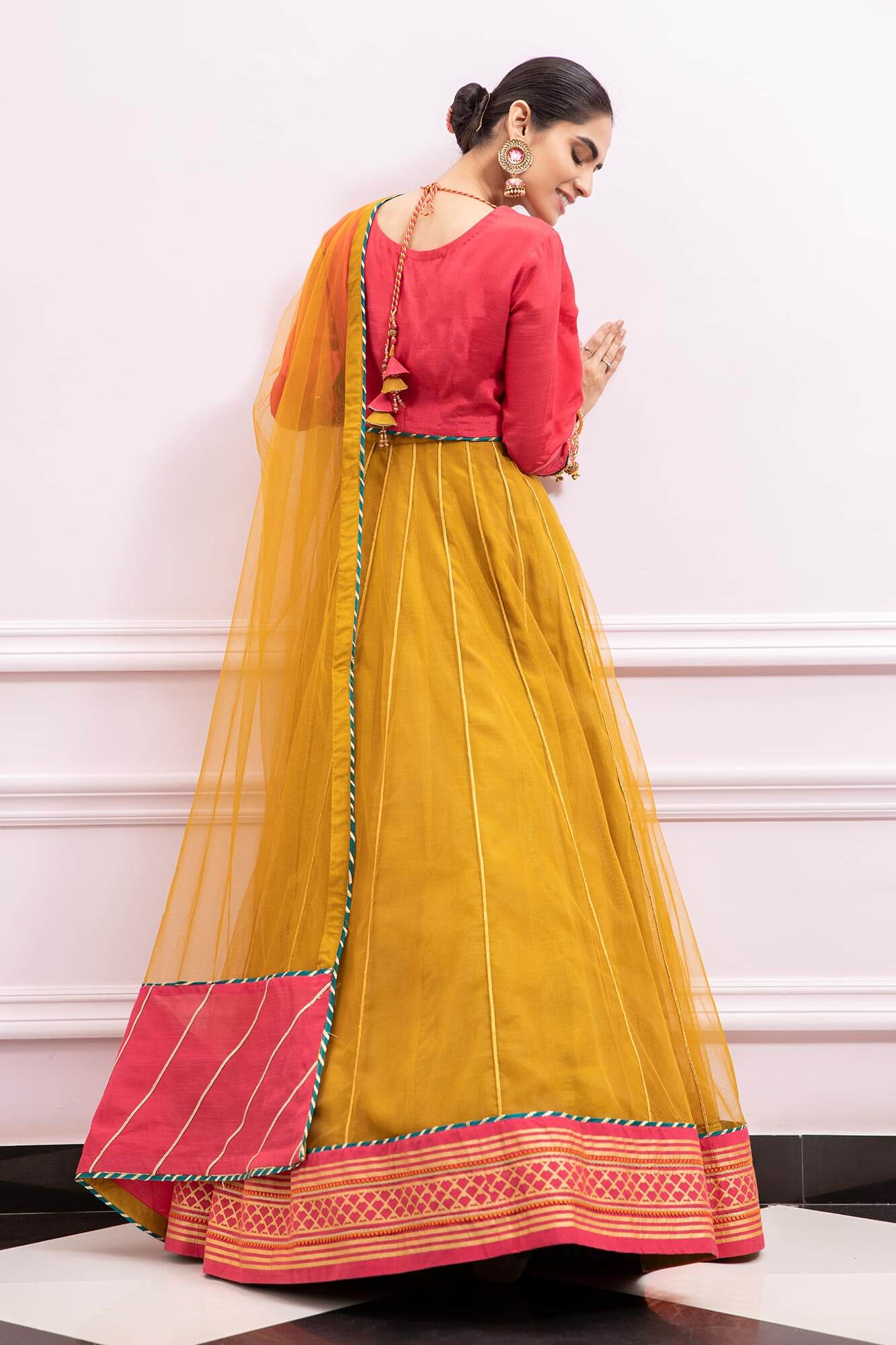 Pink Ochre Gota Mirror Raw Silk Net Lehenga Choli (3-Piece) - Image 4