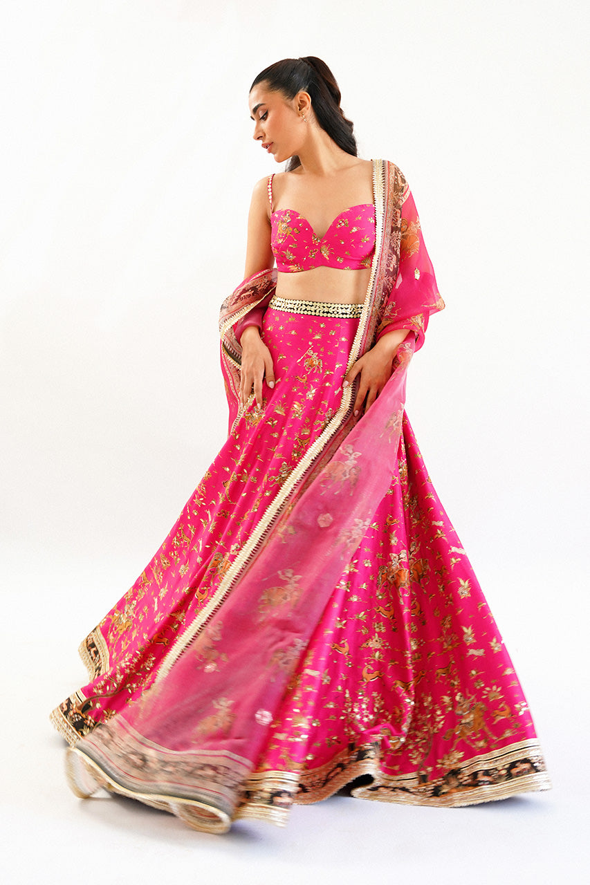 Deep Candy Pink Gota Embroidered Raw Silk Lehenga (3-Piece) - Image 1