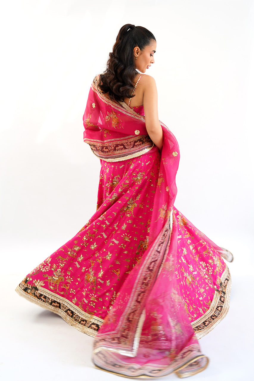 Deep Candy Pink Gota Embroidered Raw Silk Lehenga (3-Piece) - Image 2